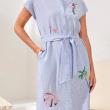 Embroidered Belted Shirt Dress