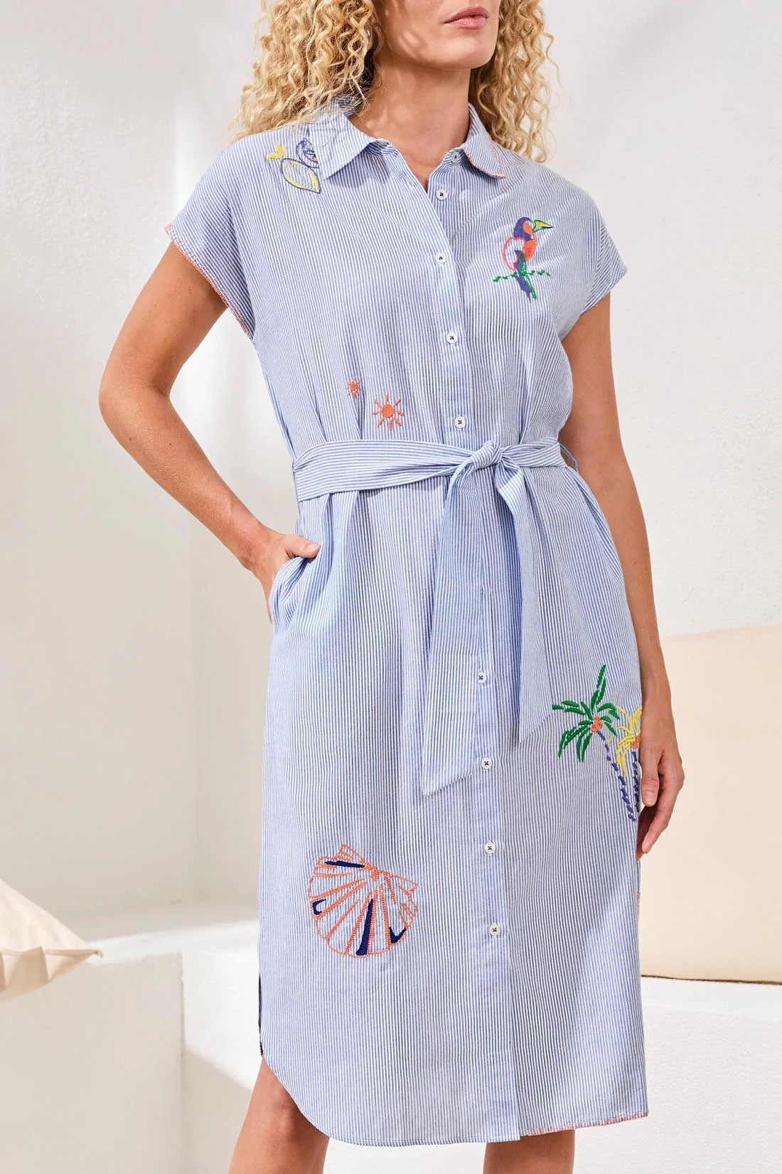 embroidered belted shirt dress Women's Embroidered Cutout Belted Shirt Dress, Coral