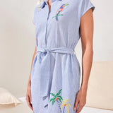 Embroidered Belted Shirt Dress